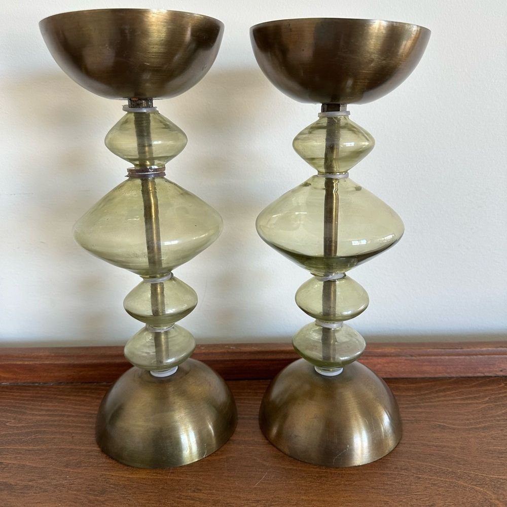 NEW Bloomingville Brass Glass Sage Green Candle Holders Pair Modern Decor